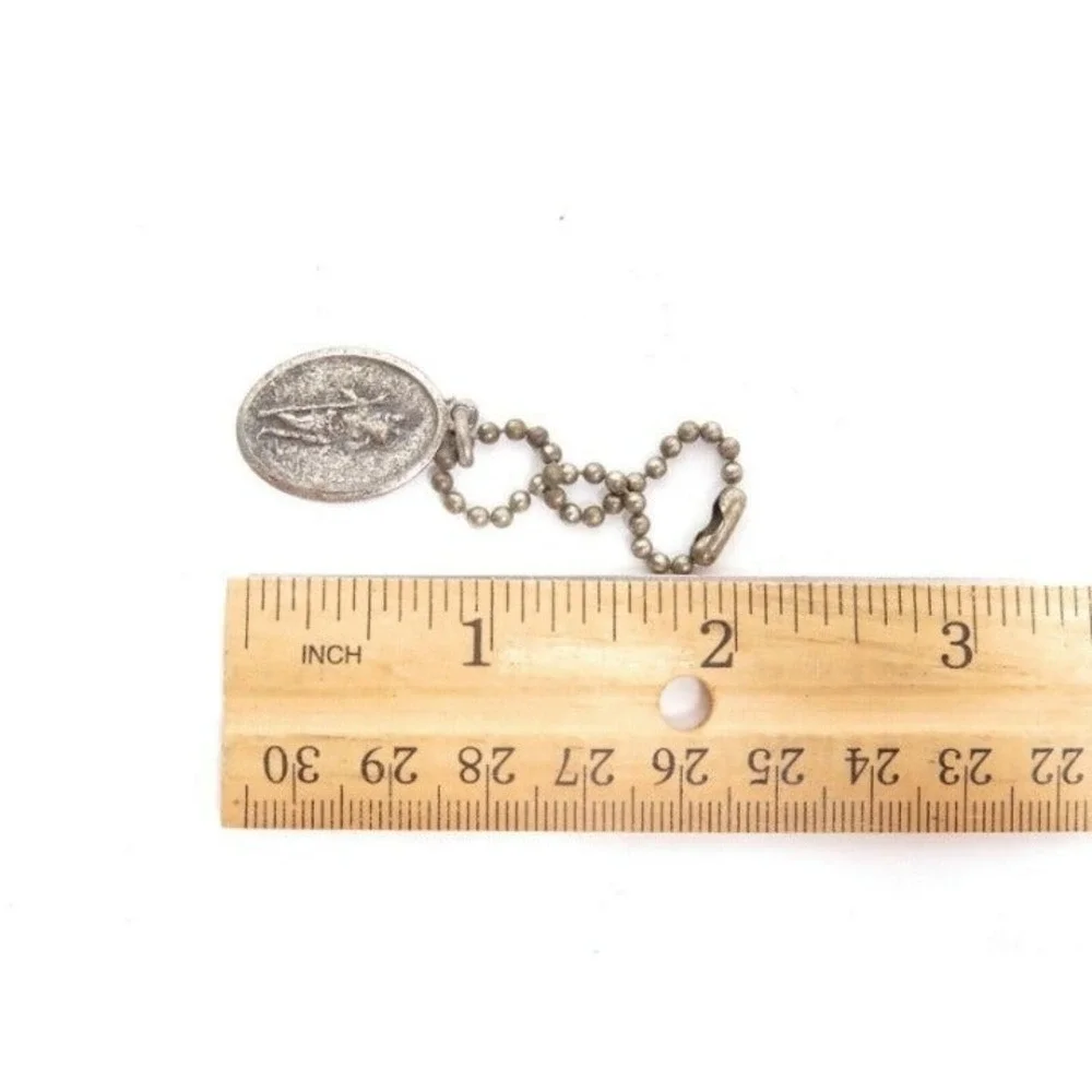 VINTAGE CATHOLIC ST.CHRISTOPHER PROTECT US‎ SILVER TONED KEY CHAIN CHARM MEDAL